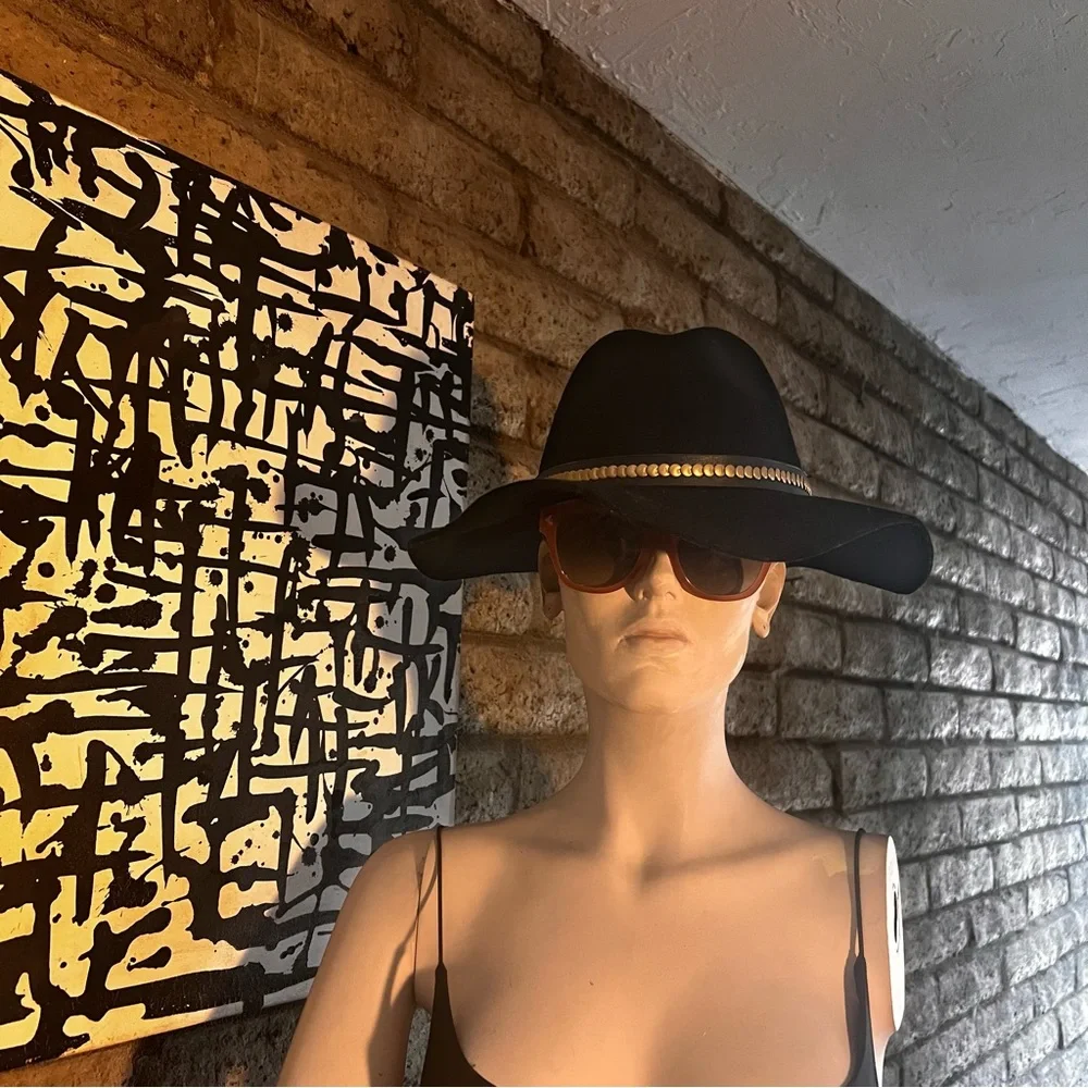 All Saints Black Wide Brim Fedora with Gold Chain Detail - Picture 2 of 5